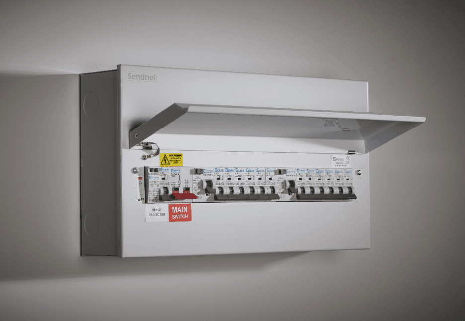One modern Sentinel consumer unit containing a row of circuit switches