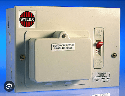 One older Wylex fuse box with its front cover closed